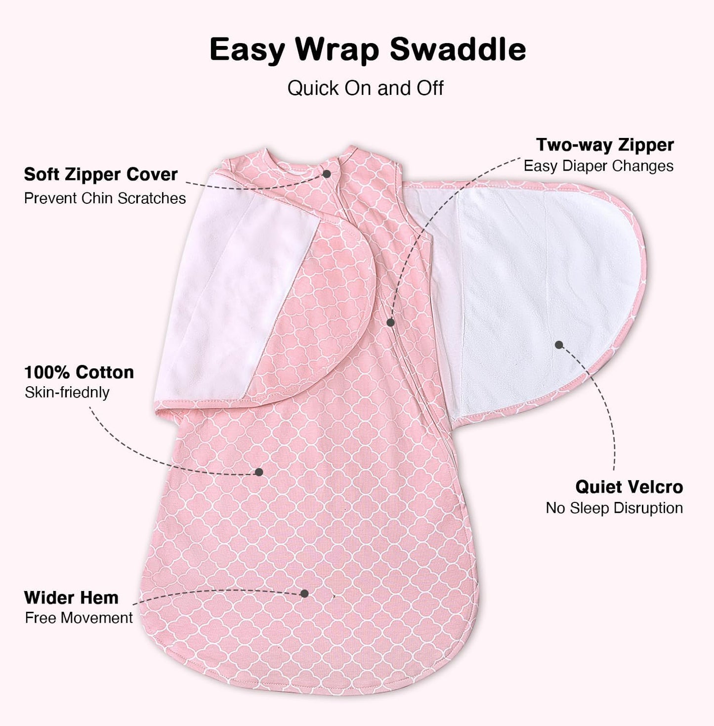 Skiennix Baby Sleep Sack Swaddle - 3-Way Adjustable Wearable Blanket for 0-6 Months | 100% Cotton, Pink
