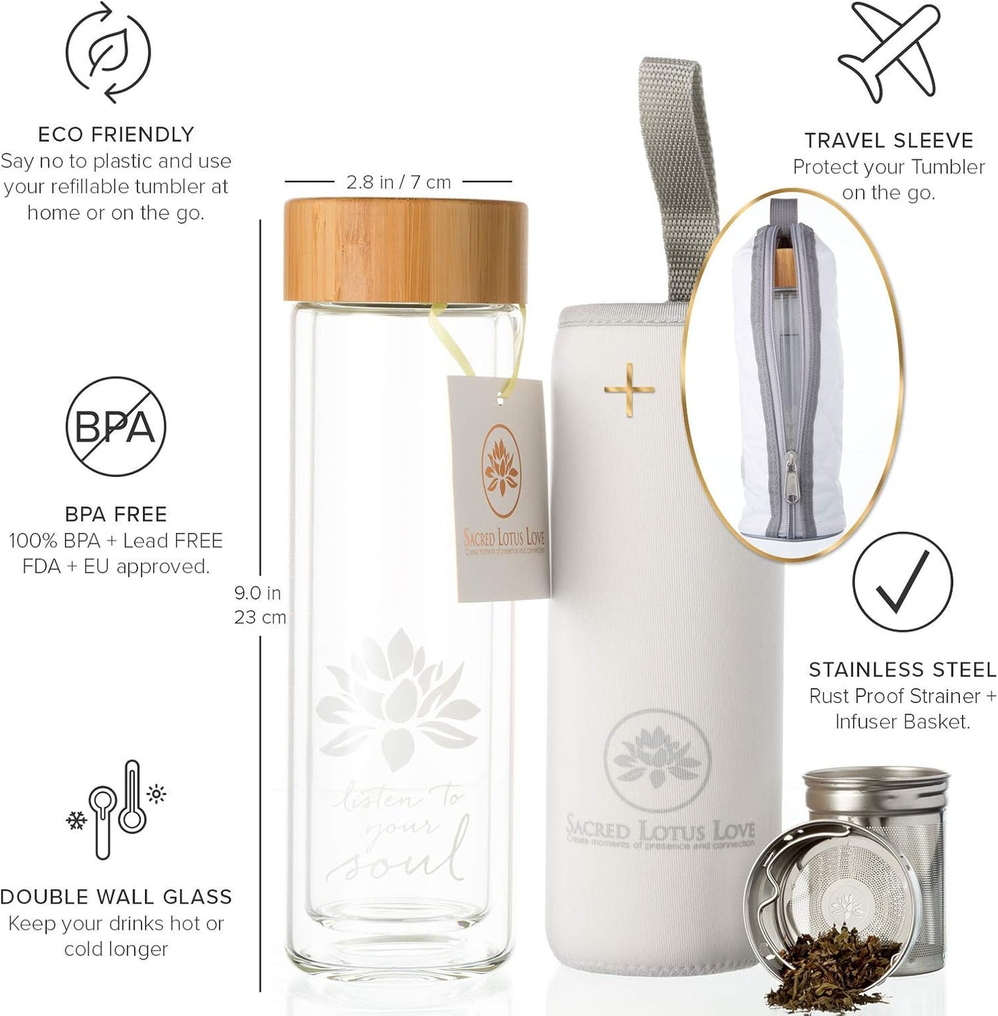 Sacred Lotus Love Double-Walled Glass Tea Tumbler - 15oz Infuser for Loose Leaf Tea & Travel Sleeve
