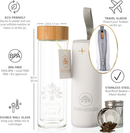 Sacred Lotus Love Double-Walled Glass Tea Tumbler - 15oz Infuser for Loose Leaf Tea & Travel Sleeve