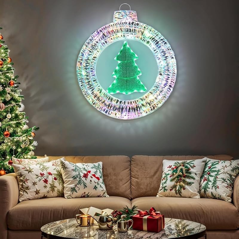 Outdoor Christmas Wreath with 84 LED Lights and Mini Tree - 33in Winter Yard Decor