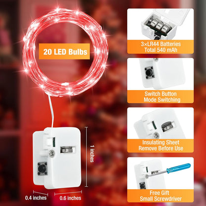 Skiennix 6 Pack Fairy Lights - 7ft Battery Operated 20 LED Twinkle Lights | Waterproof Mini String Lights for DIY Party & Wedding Decor - Red