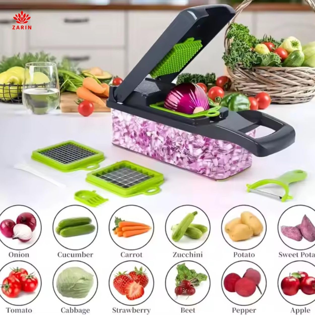 ZARIN 16-In-1 Vegetable Chopper & Slicer - Multi-Function Mandoline for Easy Meal Prep | Perfect for Onions, Fruits & Veggies