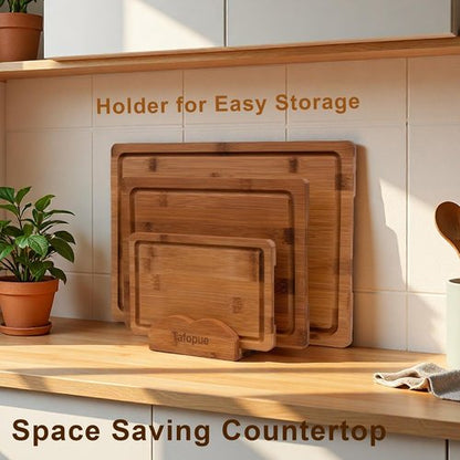 Bamboo Cutting Board Set by Skiennix - Space-Saving Design with Juice Groove & Grip Handle - Perfect for Meal Prep & Charcuterie