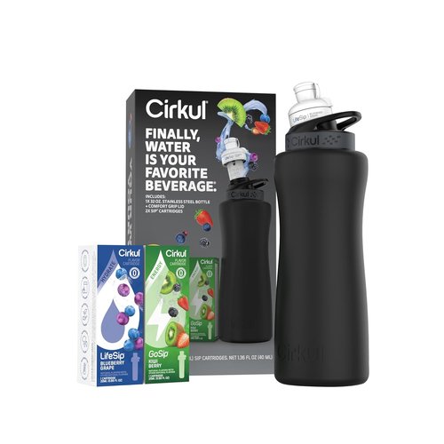 Cirkul 32oz Matte Black Stainless Steel Water Bottle Kit - Includes Black Lid & 2 Flavor Cartridges