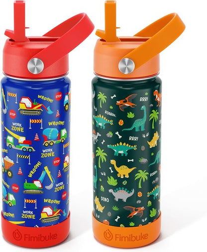 Fimibuke Kids Insulated Water Bottle - 18oz BPA-Free Double Wall Tumbler | Leak-Proof Design for School (2 Pack, Dinosaur/Truck)