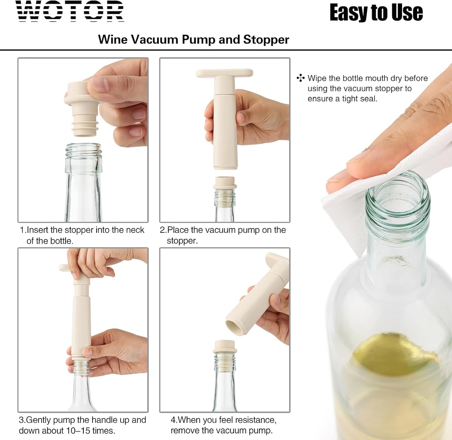 WOTOR Wine Stoppers Vacuum, Wine Saver, Wine Pump Vacuum Stoppers, Wine Preserver, Reusable Bottle Sealer Keeps Wine Fresh (Cream, 6 Pieces)