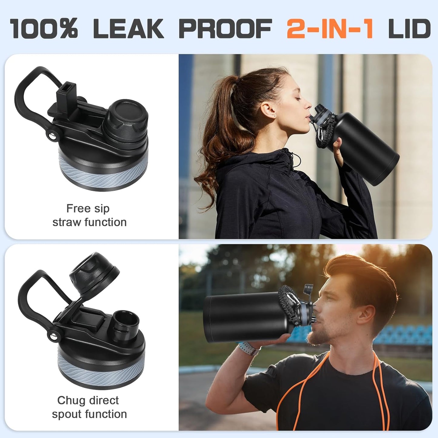 Skiennix 1 Gallon Insulated Water Bottle - Leak Proof Stainless Steel Jug with 2-in-1 Lid & Paracord Handle