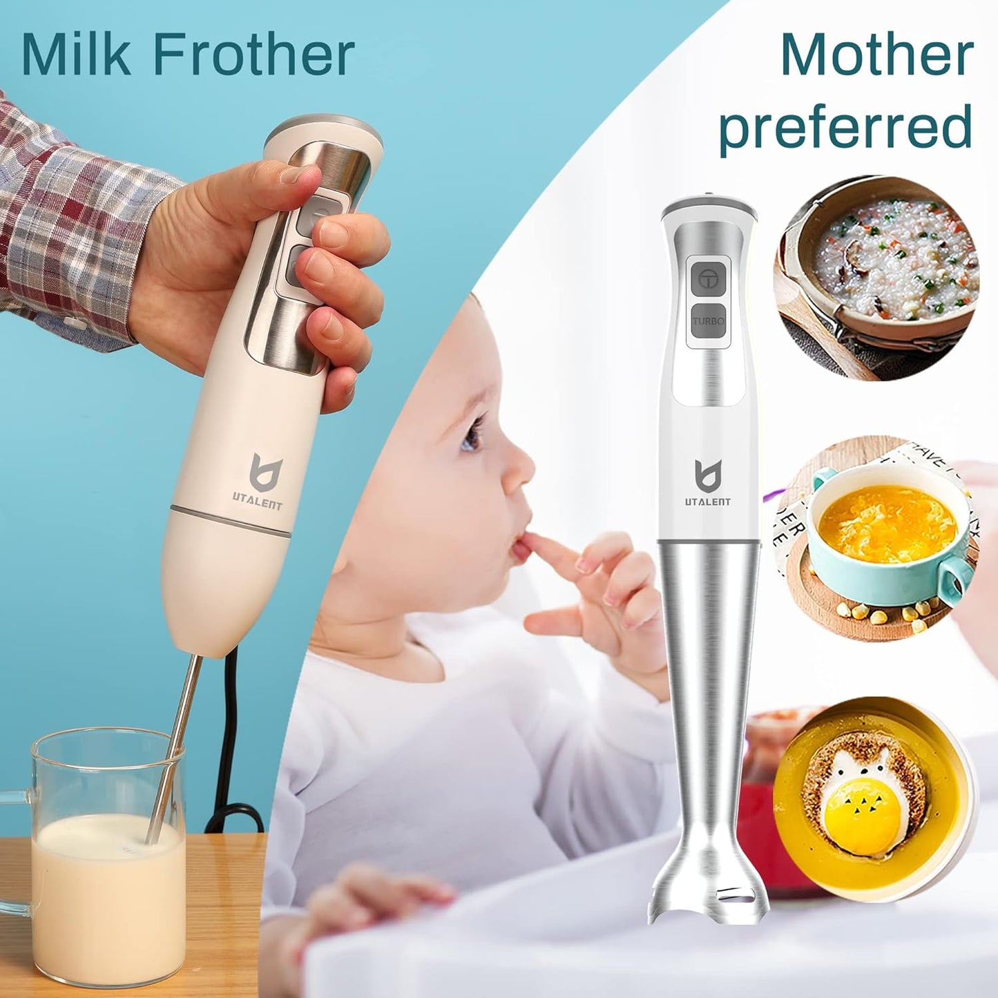 UTALENT Immersion Blender - 5-in-1 8-Speed with Food Grinder, Milk Frother & Egg Whisk - White