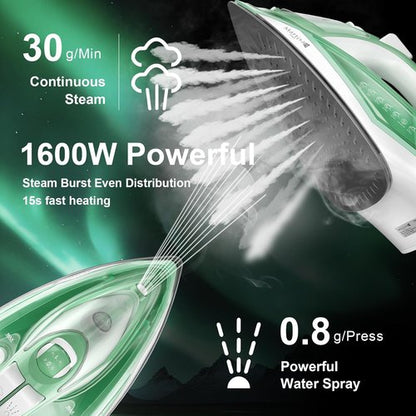 Martisan Steam Iron - 1600W Fast Heating with Non-Stick Ceramic Soleplate | Precise Thermostat, Green
