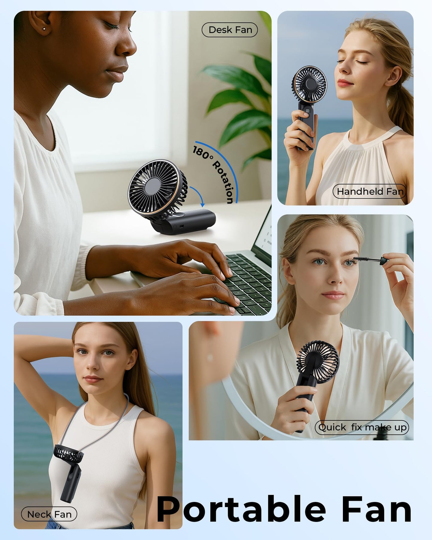 TUNISE Portable Handheld Fan, Portable Fan Rechargeable, 4000mAh, 180° Adjustable, 6 Speed Wind, Display Electricity in Real Time, USB Rechargeable Foldable F an, Quiet Personal Fan as Power Bank