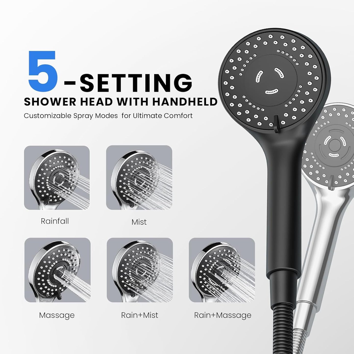 Skiennix Wide Rain Shower Head - 5 Modes Handheld Showerhead Combo | High Pressure, Adjustable, Anti-Clog Nozzles (Black)