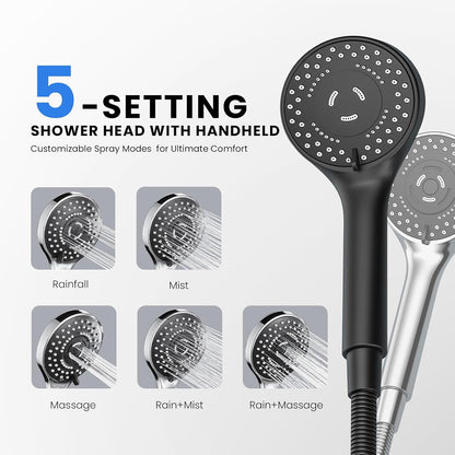 Skiennix Wide Rain Shower Head - 5 Modes Handheld Showerhead Combo | High Pressure, Adjustable, Anti-Clog Nozzles (Black)