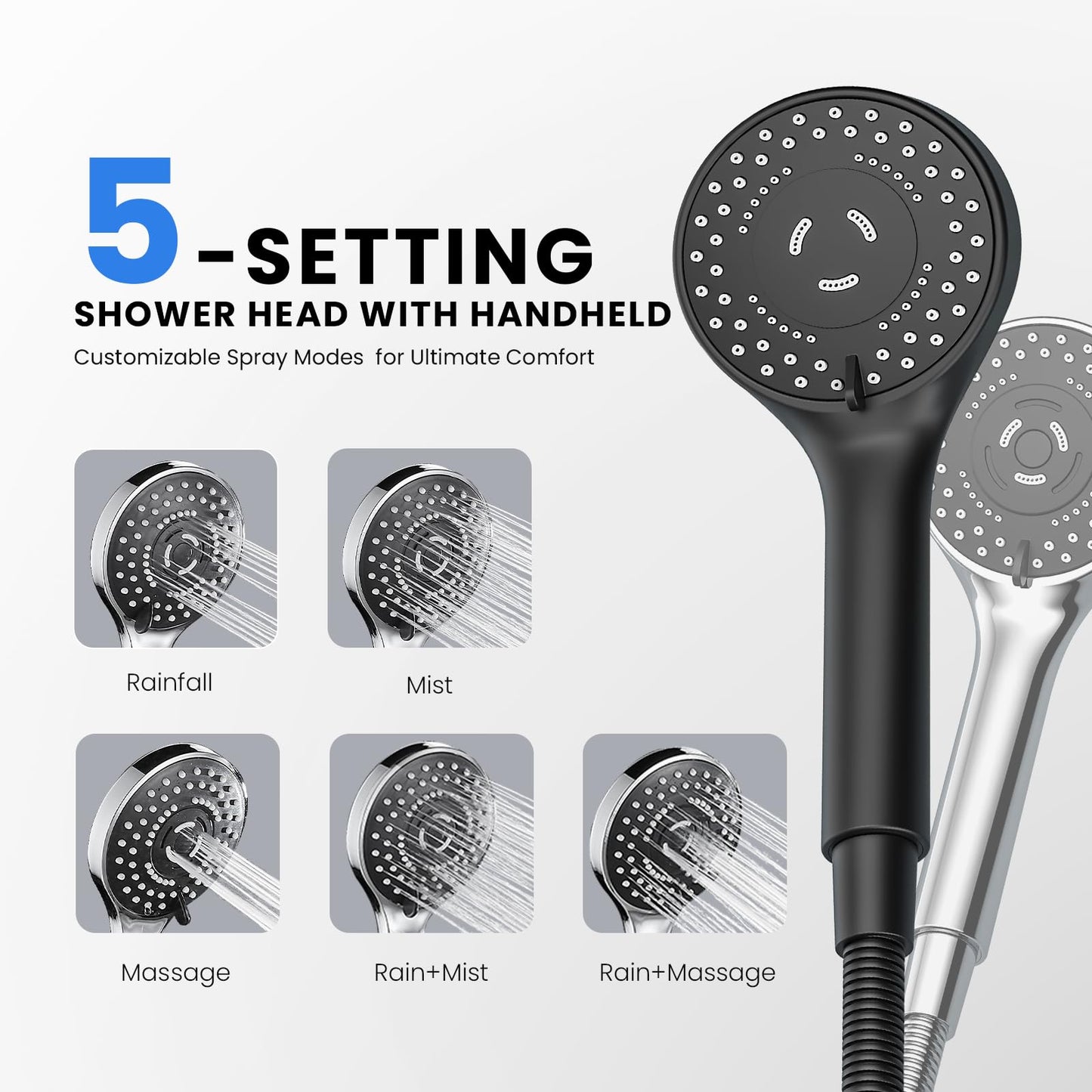 Seacity Wide Rain Shower Head With 5 Modes Handheld Showerheads, High Pressure Showerhead Combo with Extension Arm for Bathroom Accessories, Adjustable Shower Head with Anti-Clog Nozzles (Black)