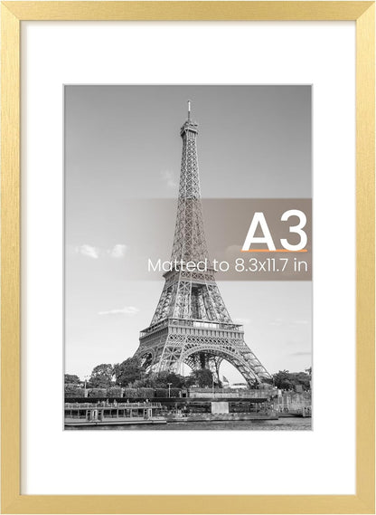 Upsimples A3 Picture Frame - Elegant Gold Wall Hanging Frame for 8.3x11.7 or 11.7x16.5 Photos | 1 Pack