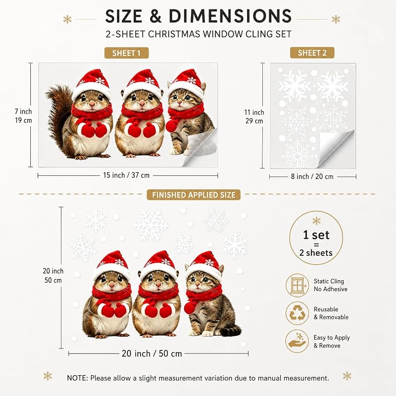 Christmas Window Cling Squirrel and Feline Static Decal - Variation C
