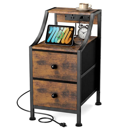 Narrow Nightstand with Charging Station - Rustic Brown - 11.8" Wide