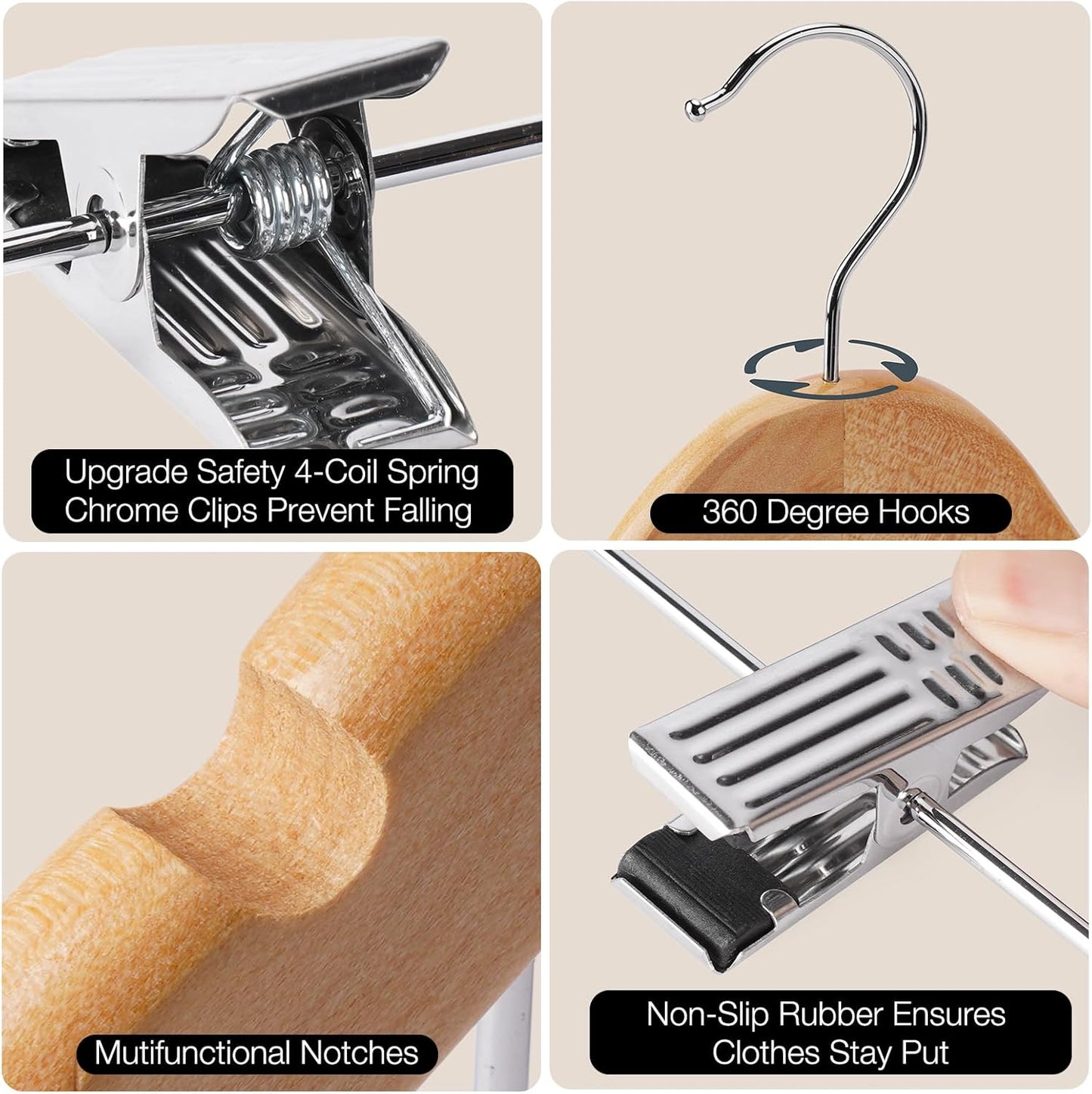 Skiennix Wooden Hangers with Clips - 12 PCS Solid Wood Pants Hangers with 360° Swivel Hooks & Adjustable Clips