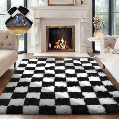 Ophanie Checkered Black & White Area Rug - Fluffy Soft Shaggy Carpet for Living Room & Bedroom | 4x6 Furry Decor