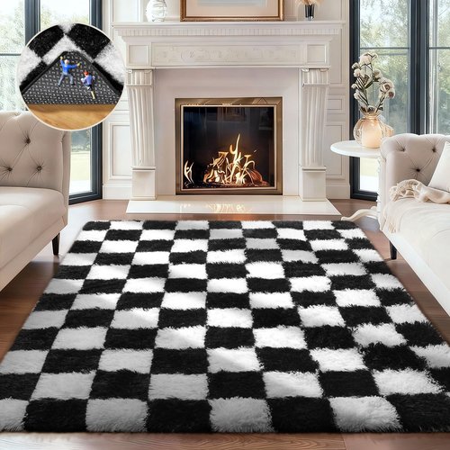 Ophanie Checkered Black & White Rug for Living Room Bedroom, Fluffy Soft Cute Fuzzy Area Rugs, Shag Plush Shaggy Bedside Floor 4x6 Furry Carpet for Kids Baby Teen Dorm Nursery Home Decor Aesthetic