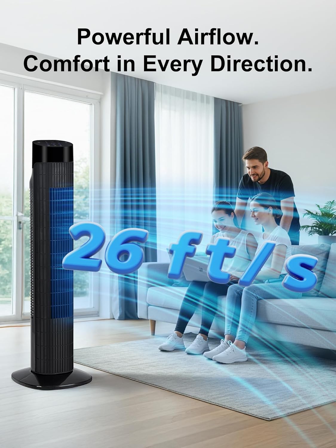 Uthfy Bladeless Tower Fan - 31” Oscillating Electric Fan with Remote, 3 Speeds, Quiet Operation, Black