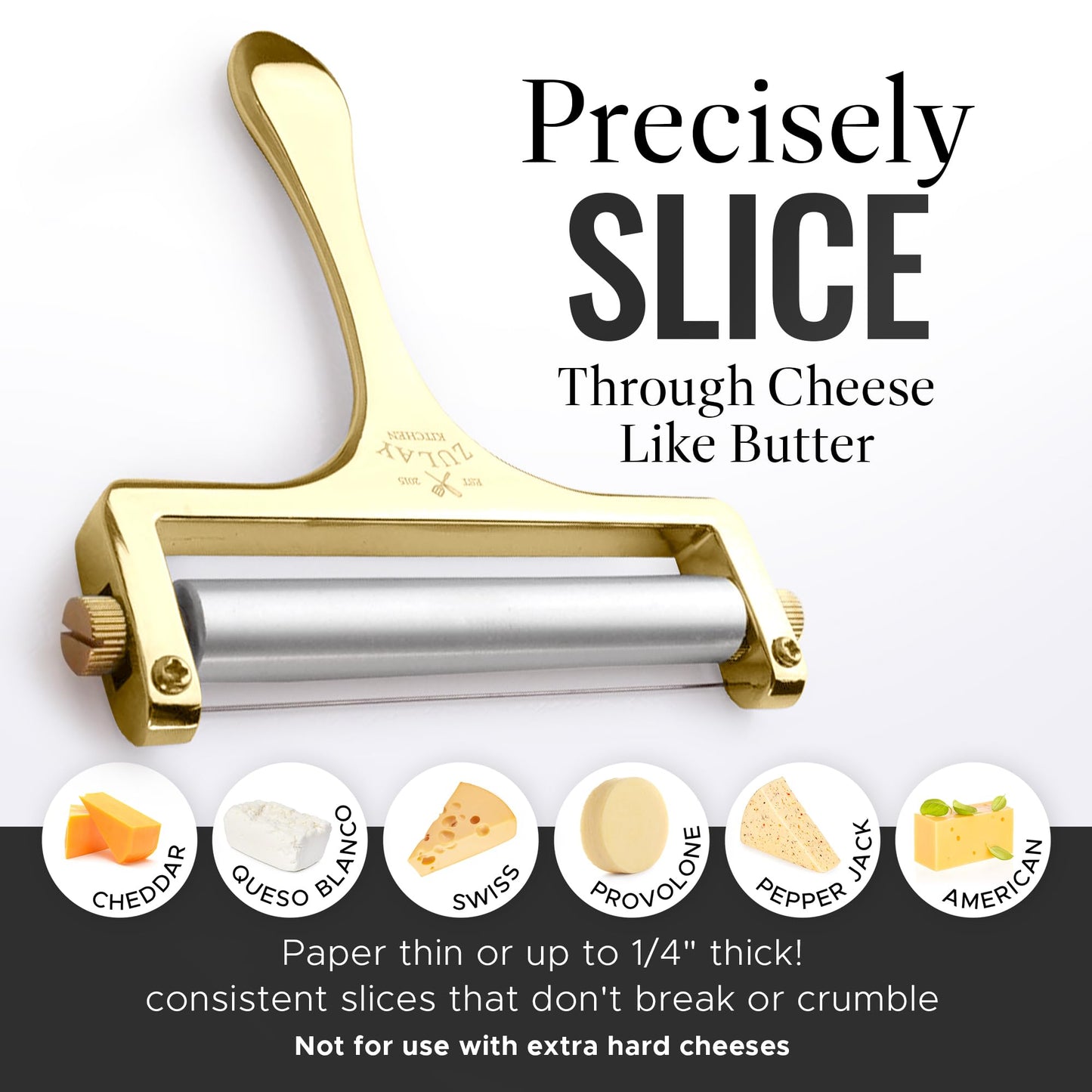 Zulay Cheese Slicer With Adjustable Thickness - Wire Cheese Slicer For Mozzarella Cheese, Cheddar Cheese, Gouda Cheese - Cheese Slicers For Block Cheese Heavy Duty With 2 Extra Wires (Gold)