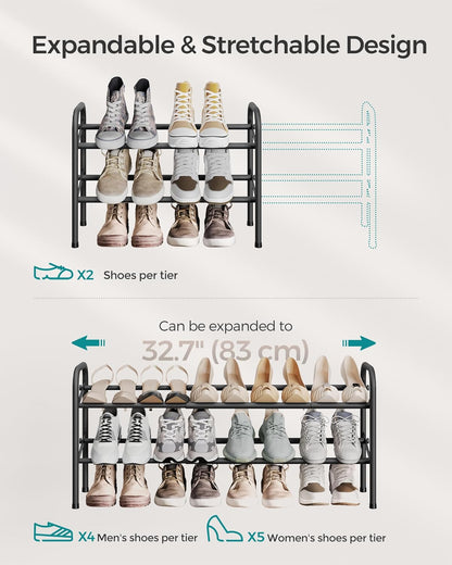 SONGMICS Expandable Shoe Rack - Adjustable 2-Tier Organizer for 15 Pairs - Metal Free Standing, Ink Black