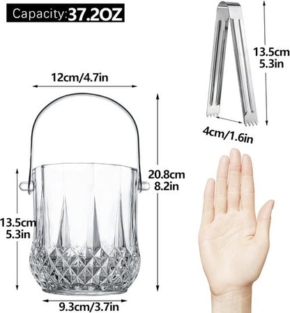 Glass Ice Bucket with Handle and Ice Tong Holds 37oz of Ice Clear Crystal Ice Buckets for Cocktail Bar Wine Home Bar Accessories Parties Clear Champagne Bucket