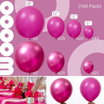 PartyWoo Hot Pink Balloons - 140-Piece Metallic Balloon Arch Kit for Engagements, Showers & Birthdays