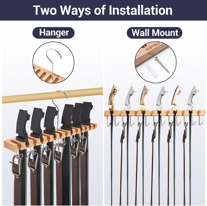 Ohuhu Belt Hanger Organizer - 2-in-1 Wall Mount with 14 Slots & 13 Hooks | 360° Rotating Wooden Storage for Belts, Ties & Scarves