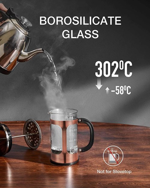 BAYKA French Press Coffee Maker - Heat Resistant Borosilicate Glass Brewer | 21 Ounce Copper Teapot