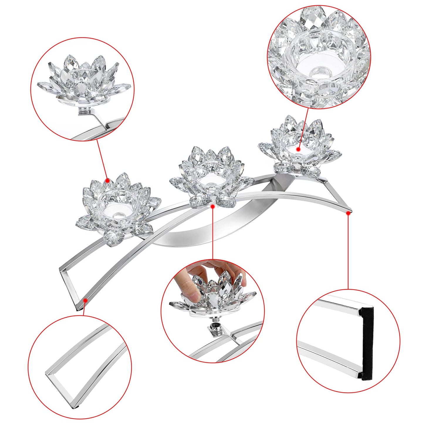 OwnMy 3 Arms Crystal Lotus Tealight Candle Holders Crystal Lotus Flower Votive Candle Stands, Decorative 3-Arms Crystal Lotus Candelabra Metal Crystal Lotus Candlestick Holder for Table Centerpiece
