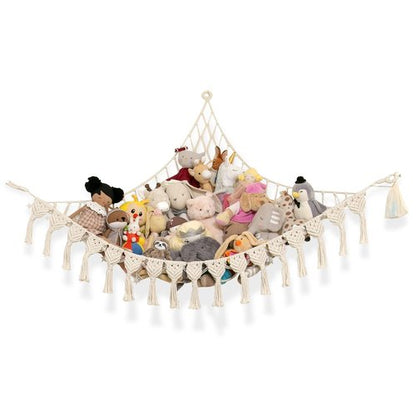 Abby Baby Extra Large Stuffed Animal Hammock with LED Lights 100% Natural Cotton Macrame Toy Storage Net for Plushies & Squishmallows Boho Macrame Corner Organizer for Kids’ Room or Nursery (Beige)