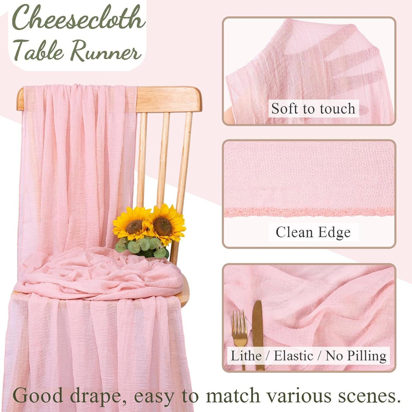 Blushing Pink Cheesecloth Table Runner - 10ft Rustic Gauze for Weddings & Baby Showers | 32x120 Inches