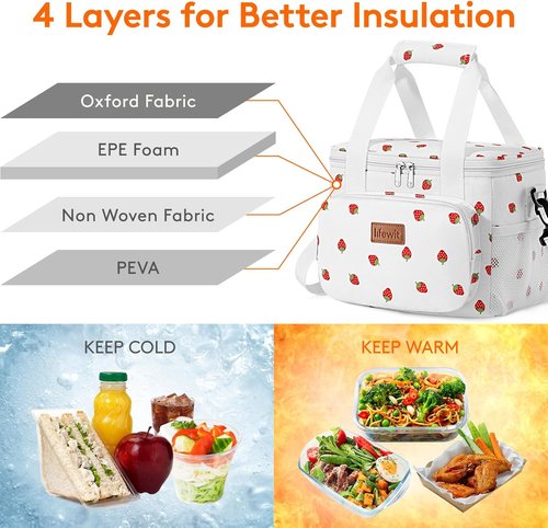 Lifewit Insulated Lunch Bag - Soft Cooler Tote for Adults | 12-Can Capacity, Strawberry Design (9L)