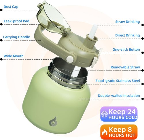 BJPKPK Insulated Water Bottle - 20 oz BPA-Free Stainless Steel Flask with Straw & Handle | Light Green