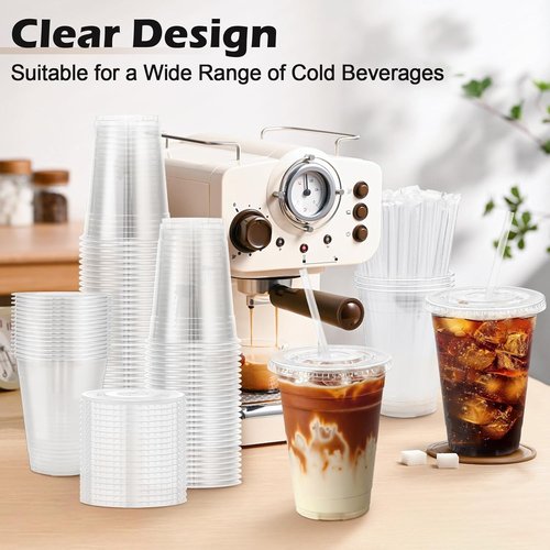 Lamosi 16 oz Clear Plastic Cups - 100 Pack with Lids & Straws for Iced Coffee & Smoothies