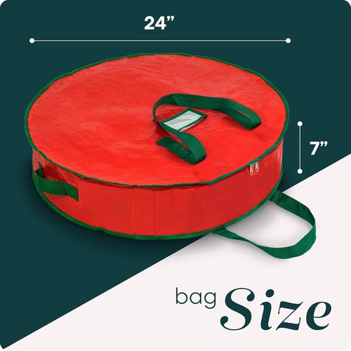 Handy Laundry Wreath Storage Bag - 24 Inch Durable Tarp Container with Zipper & Handles | Protects Holiday Decor, Fits Multiple Wreaths, Red