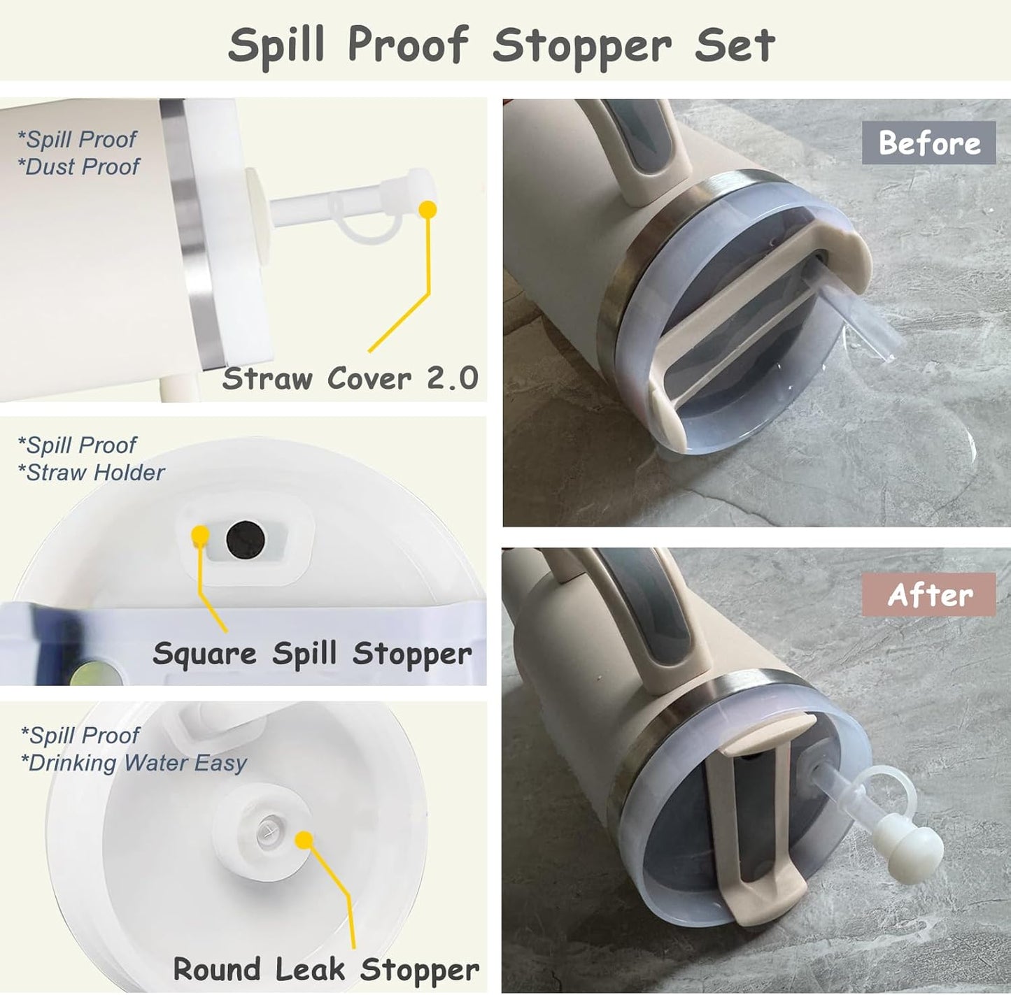Stanley - Cup Accessories Set with Straw Cover, Spill-Proof Stopper & Flower Handle Charm - Cream