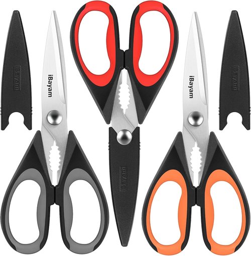 iBayam Kitchen Scissors - 3-Pack Heavy Duty with Soft Grip Handle & Protective Sheath | Dishwasher Safe