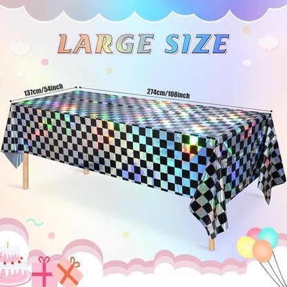 Checkered Plastic Tablecloths by Iridescent | Shiny Disposable Laser Rectangle Covers - 54x108 Inch for Parties