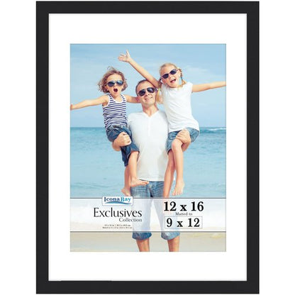 Icona Bay - 12x16 Black Picture Frame with Mat to 9x12 Image - Sturdy Wood Composite Poster Frame - Modern Style Frames - Wall Mount Only - Exclusives Collection