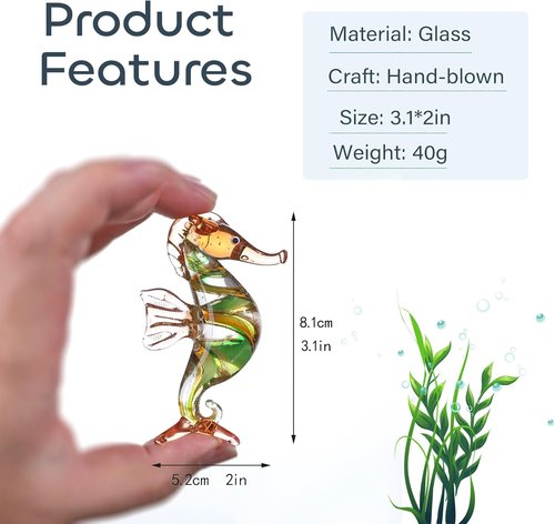 HDCRYSTALGIFTS Seahorse Art Glass Figurine - Handmade 3'' Miniature Ocean Decor Collectible