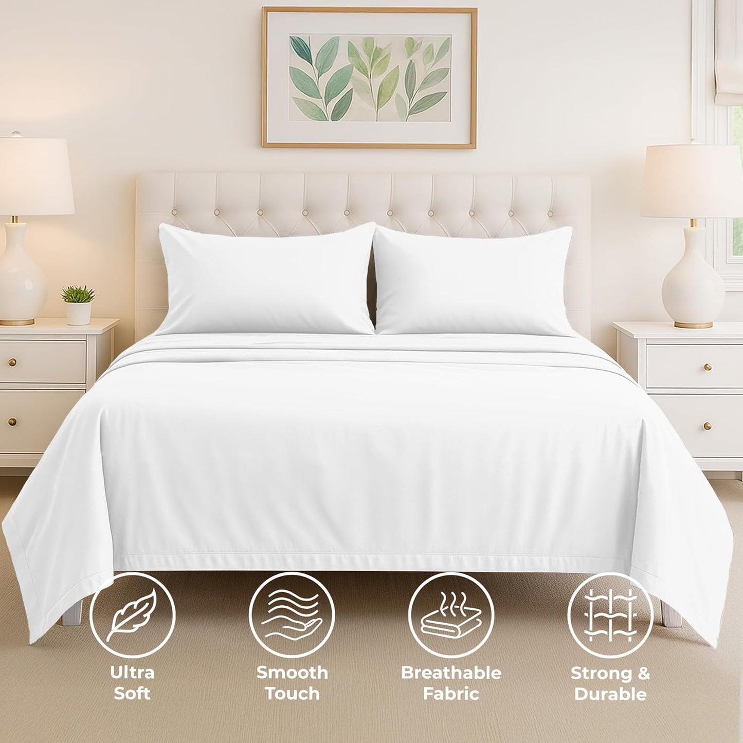 Pure Bedding Queen Sheet Set - 4-Piece Luxury White Bed Sheets | Soft 1800 Brushed Microfiber, Deep Pocket Design