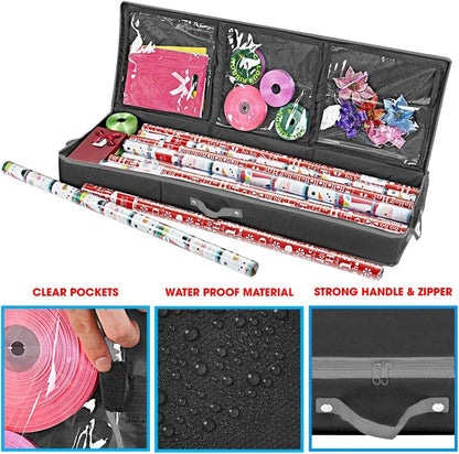Primode Wrapping Paper Storage Container - Under Bed Gift Wrap Organizer | 41”x14”x6” | Holds 18-24 Rolls Up to 40” | Durable 600D Oxford Material | Includes Pockets for Ribbons and Bows (Black)