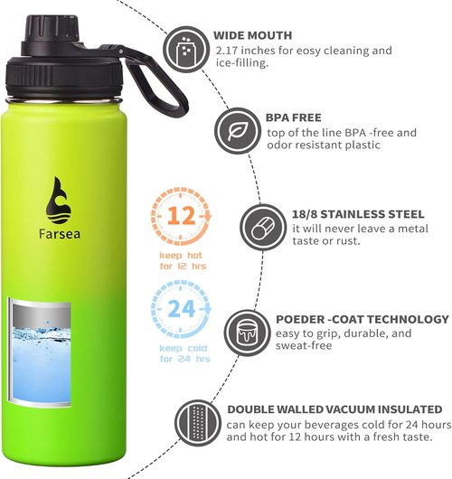 Farsea Insulated Water Bottle - 24 oz Stainless Steel with Paracord Handle & 2 Lids | Sweat-Proof & BPA-Free
