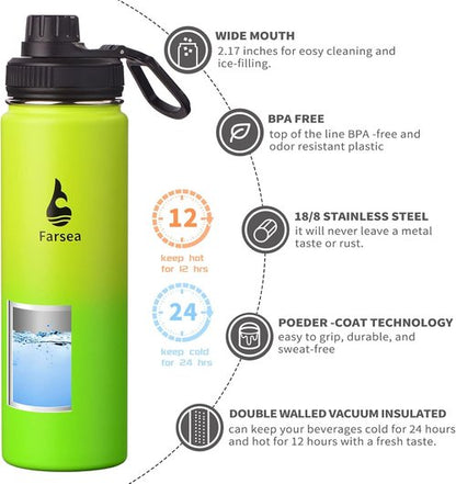 Farsea Insulated Water Bottle - 24 oz Stainless Steel with Paracord Handle & 2 Lids | Sweat-Proof & BPA-Free