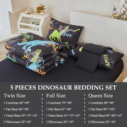 ZSYAYAHA Twin Bed Sets for Kids Dinosaur Boys Bedding Set Black Dinosaur Comforter Set for Girls Teens Soft Lightweight 5 Pieces Bed in A Bag with Sheets(Black, Twin)