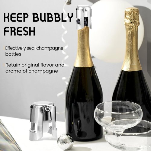 Champagne Stoppers Stainless Steel, Prosecco Sparkling Wine Bottle Stopper with Silicone Sealing Plug, Leak proof Keep Fresh Reusable Champagne Cork & Saver (Silver, 2 Pack)