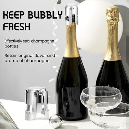 Champagne Stoppers Stainless Steel, Prosecco Sparkling Wine Bottle Stopper with Silicone Sealing Plug, Leak proof Keep Fresh Reusable Champagne Cork & Saver (Silver, 2 Pack)