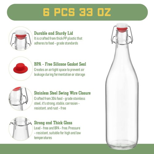6 Pack [1 Liter / 33 fl. oz.] Swing Top Glass Bottles – Airtight Flip Top Brewing Bottles for Kombucha, Beer, Wine, Kefir, Soda, Liquor – Includes Funnel, 2 Pourers, 6+6 Seals, 6 Labels & Jute Twine